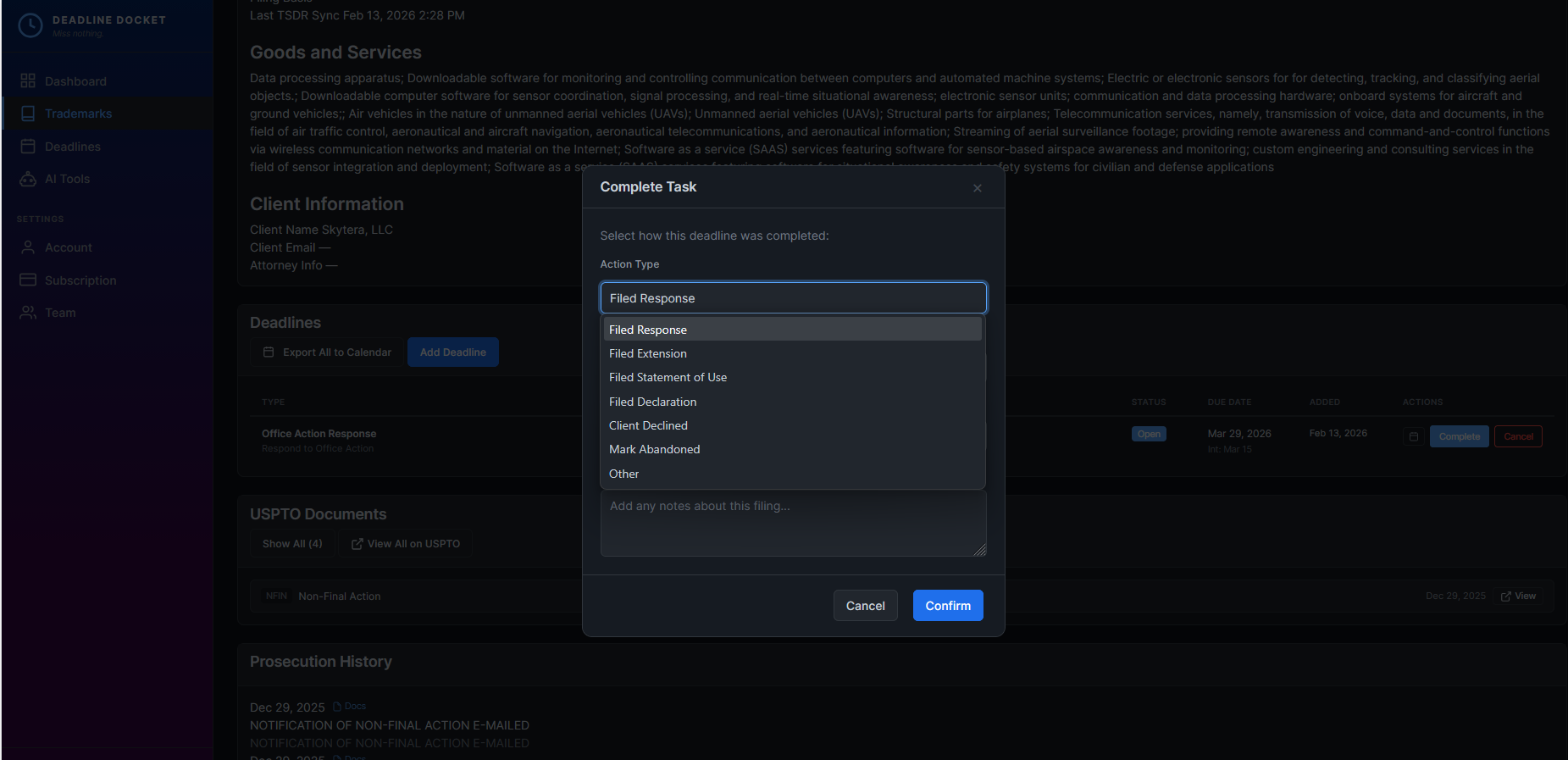 Complete task dialog - mark filings as filed, request extension, or abandon
